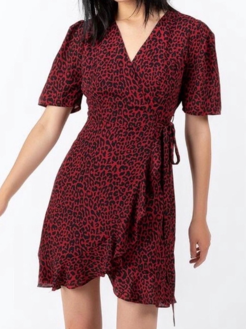 Francesca’s leopard ruffle mini wrap dress red black size small